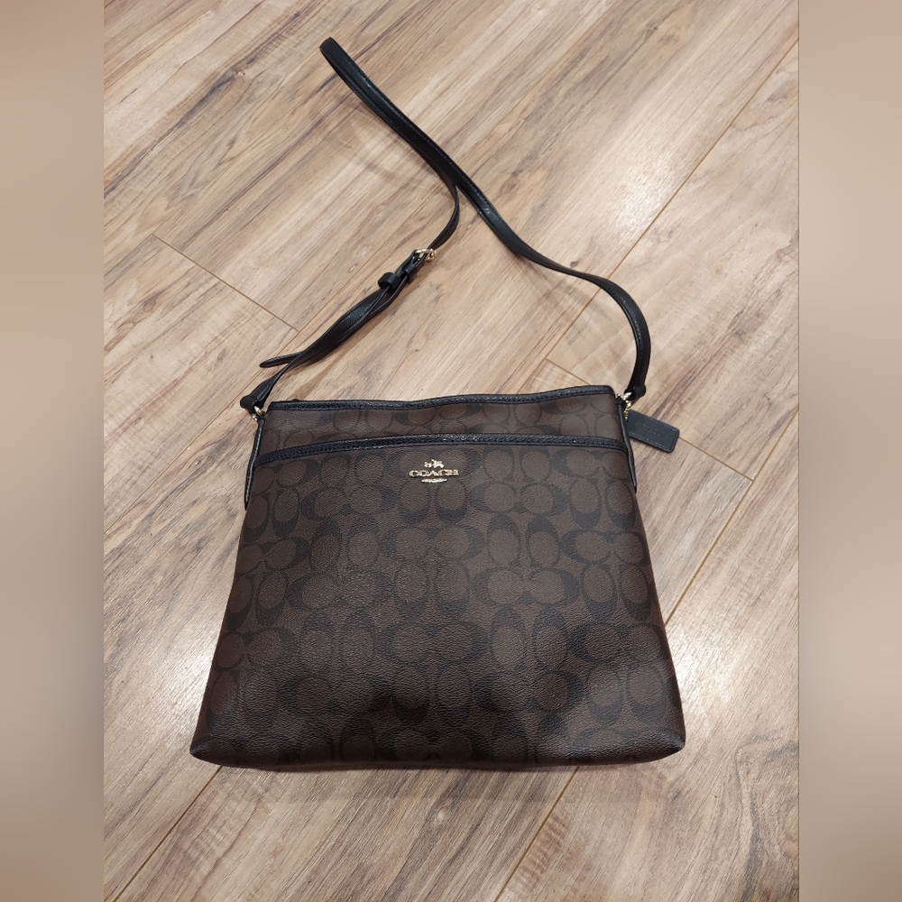 Coach Signature File Bag In Brown Coated Canvas with Black Leather Trim. EUC - Picture 2 of 13